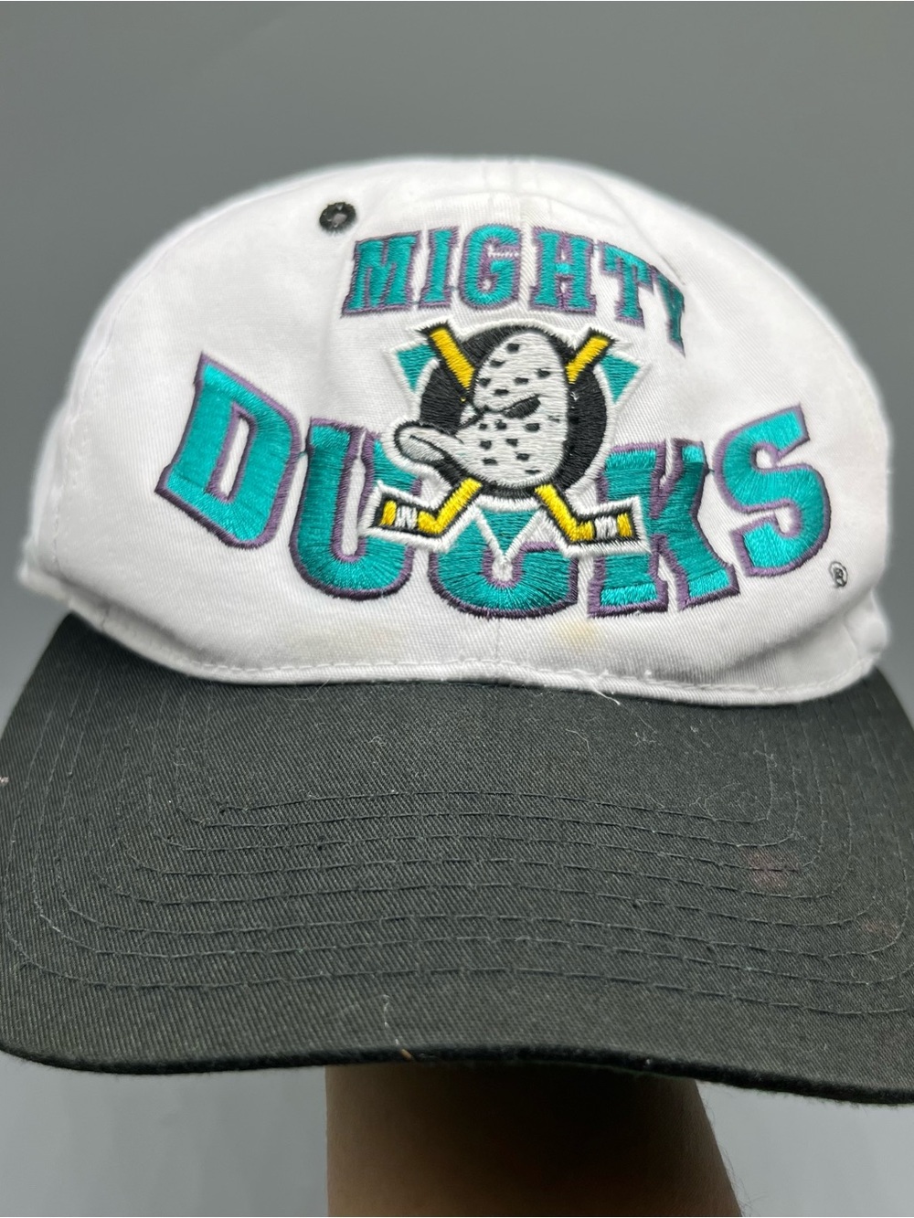 VTG 90s Mighty Ducks Anaheim NHL Snapback Hat The G Cap Wildwing Disney Teal